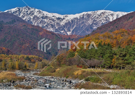 Hakuba's three-tiered autumn foliage and Matsukawa River from Hakuba Bridge Hakuba's three-tiered autumn foliage and Matsukawa River from Hakuba Bridge 132893814
