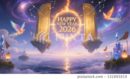 Celestial Gateway with Birds and Crystals for Happy New Year 2026 clouds 132893819