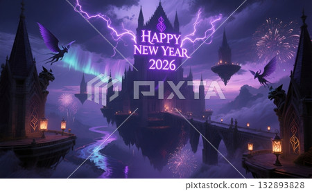 Dark Fantasy Castle Happy New Year 2026 Purple Aurora floating island 132893828