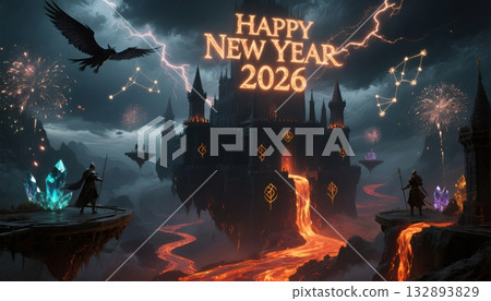 Dark fantasy New Year 2026 with dragon castle and lava river image photo Dark fantasy New Year 2026 with dragon castle and lava river image photo 132893829