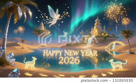 Desert Oasis Happy New Year 2026 Aurora Sky Fireworks image photo 132893830