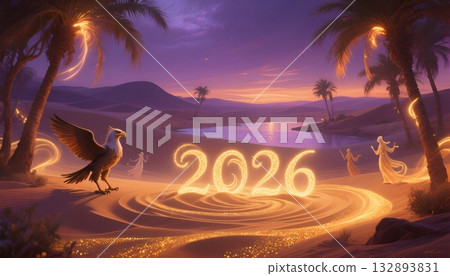 Desert Oasis New Year 2026 with Griffin and Palm Trees at Sunset image photo Desert Oasis New Year 2026 with Griffin and Palm Trees at Sunset image photo 132893831