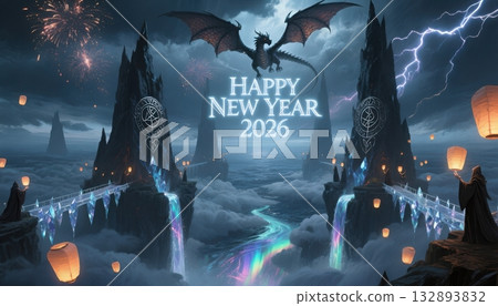 Dragon over mystical castles and waterfalls for New Year 2026 fantasy Dragon over mystical castles and waterfalls for New Year 2026 fantasy 132893832