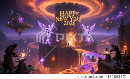Futuristic Castle with Angels and Blacksmiths for 2026 fantasy new year 132893871