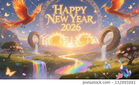 Happy New Year 2026 Fantasy Landscape with Phoenixes and Rainbow River mythical bird Happy New Year 2026 Fantasy Landscape with Phoenixes and Rainbow River mythical bird 132893881