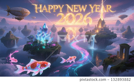 Happy New Year 2026 floating islands with koi fish and airships fantasy landscape Happy New Year 2026 floating islands with koi fish and airships fantasy landscape 132893882