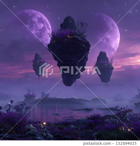 A fantastical landscape of an island and two moons floating in a purple night sky 132894025