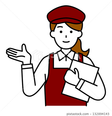 A female cafe staff member giving directions 132894143
