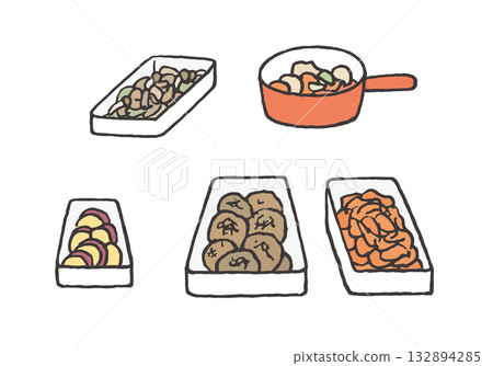 Hand-drawn illustration of prepared side dishes 132894285
