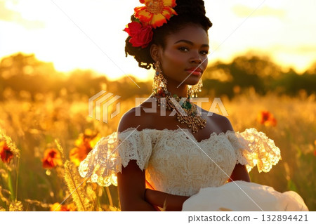 Young woman in white dress radiates beauty in a sunlit meadow with vibrant flowers 132894421