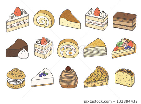 手繪插圖集，包含各種蛋糕 132894432