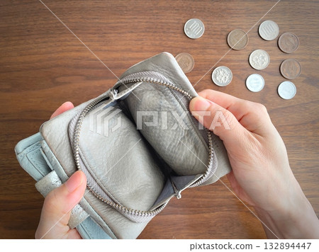 A woman's hand opening an empty wallet and coins on a table 132894447