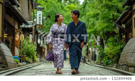 A photo of a man and woman walking in yukata A photo of a man and woman walking in yukata 132894466
