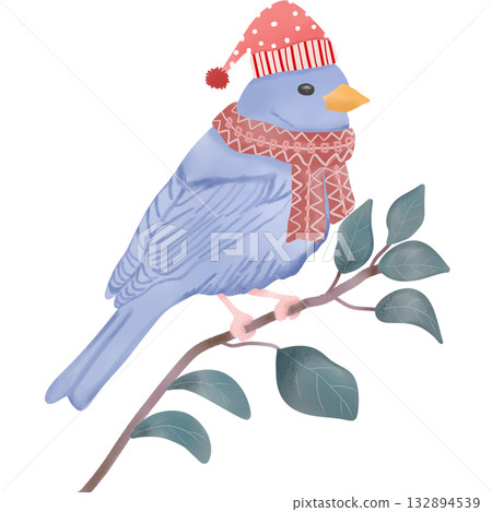 A charming illustration of a blue bird perched on a branch, wearing a warm winter scarf and a cozy hat. 132894539
