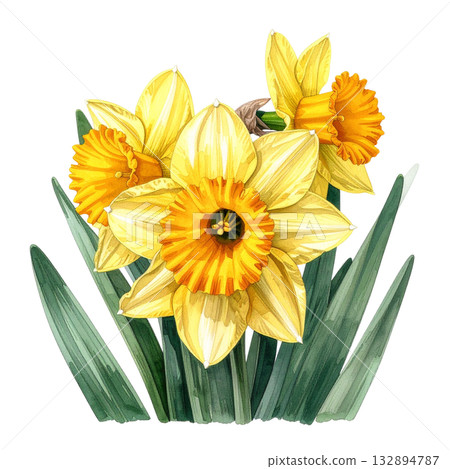 黃色水仙水彩插圖 132894787