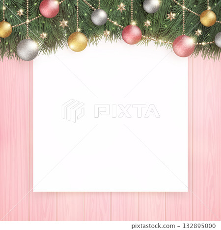 Shining Christmas tree and plain white board on pink wood grain background 132895000