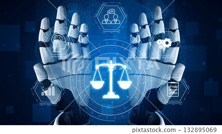 Digital law interface displaying justice scale, highlighting digital law Muxer 132895069
