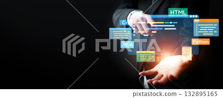 Software developer work with coding overlays of programming languages EIDE Software developer work with coding overlays of programming languages EIDE 132895165