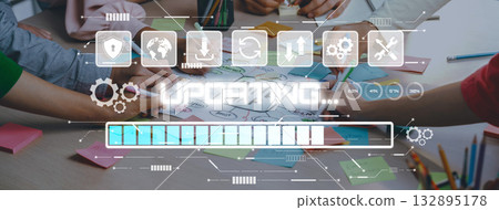 Collaborative teamwork in a modern workspace with hands on a table engaging in brainstorming and planning process with digital overlay Trope Collaborative teamwork in a modern workspace with hands on a table engaging in brainstorming and planning process with digital overlay Trope 132895178