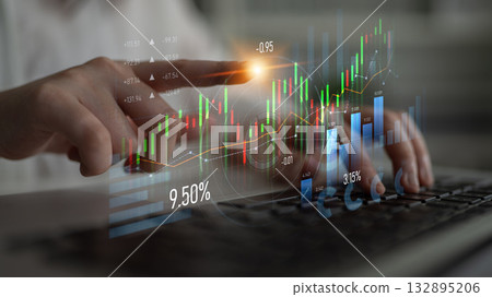 Business professional analyzing growth trends through digital interface with graphs and statistics on a laptop in a modern financial workspace Scalp 132895206