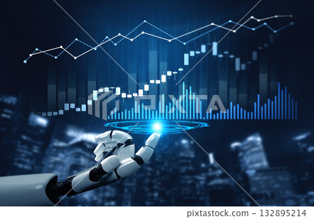 Futuristic robotic hand interacting with digital graphs and data visualizations on a dark city skyline background, showcasing advanced technology and analytics Scalp Futuristic robotic hand interacting with digital graphs and data visualizations on a dark city skyline background, showcasing advanced technology and analytics Scalp 132895214