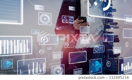 Business professional using smartphone with various digital data and analytics visualizations in modern urban setting for technology and innovation themes xenic Business professional using smartphone with various digital data and analytics visualizations in modern urban setting for technology and innovation themes xenic 132895216