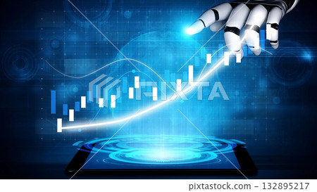 Robotic Hand Interacting with Digital Chart on Tablet, Symbolizing Artificial Intelligence and Financial Growth in a Futuristic Environment Copula 132895217