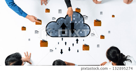 Hands Collaborating Over Digital Table With Cloud Storage Icon and File Representations for Online Data Management and Sharing Illustration Trope 132895274