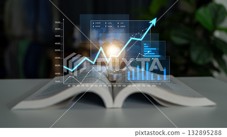 Concept of growth and success with light bulb, data charts, and graphs above an open book symbolizing knowledge and innovation in business strategy Scalp 132895288