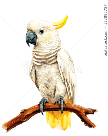 Cockatoo perched on a branch. Realistic exotic parrot painting isolated on white background for tropical design. Cockatoo perched on a branch. Realistic exotic parrot painting isolated on white background for tropical design. 132895787