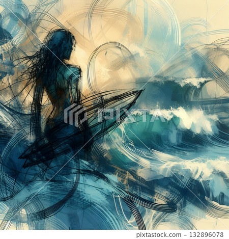 Dynamic Abstract Illustration of a Surfer Riding Powerful Ocean Waves in Artistic Motion with Generative AI. 132896078