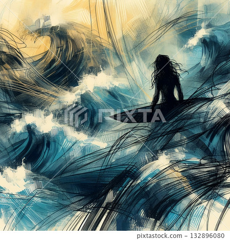 Dynamic Abstract Illustration of a Surfer Riding Powerful Ocean Waves in Artistic Motion with Generative AI. 132896080