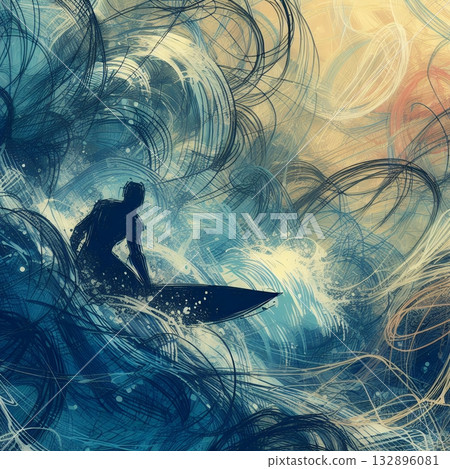 Dynamic Abstract Illustration of a Surfer Riding Powerful Ocean Waves in Artistic Motion with Generative AI. 132896081