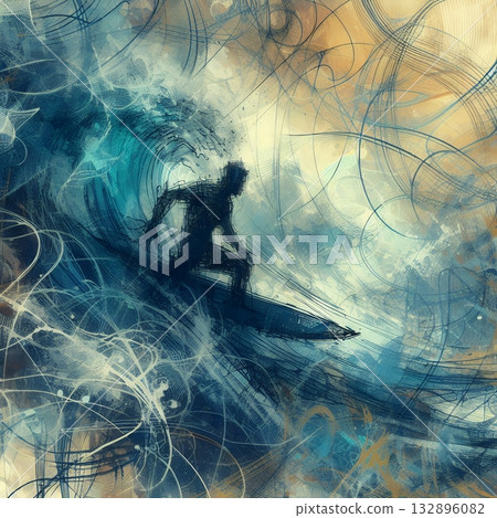 Dynamic Abstract Illustration of a Surfer Riding Powerful Ocean Waves in Artistic Motion with Generative AI. 132896082
