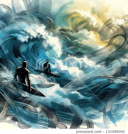 Dynamic Abstract Illustration of a Surfer Riding Powerful Ocean Waves in Artistic Motion with Generative AI. 132896092
