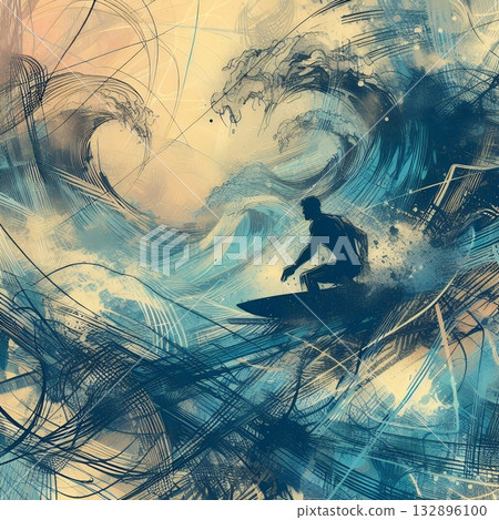 Dynamic Abstract Illustration of a Surfer Riding Powerful Ocean Waves in Artistic Motion with Generative AI. 132896100