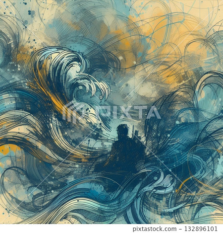 Dynamic Abstract Illustration of a Surfer Riding Powerful Ocean Waves in Artistic Motion with Generative AI. Dynamic Abstract Illustration of a Surfer Riding Powerful Ocean Waves in Artistic Motion with Generative AI. 132896101