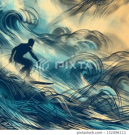 Dynamic Abstract Illustration of a Surfer Riding Powerful Ocean Waves in Artistic Motion with Generative AI. 132896111