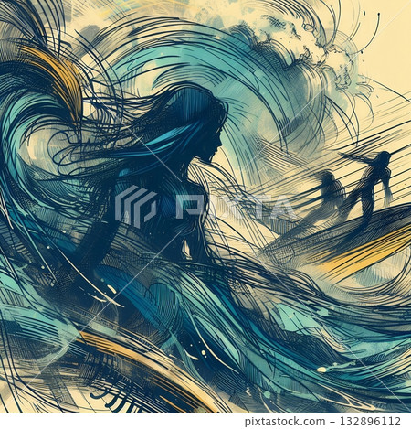 Dynamic Abstract Illustration of a Surfer Riding Powerful Ocean Waves in Artistic Motion with Generative AI. Dynamic Abstract Illustration of a Surfer Riding Powerful Ocean Waves in Artistic Motion with Generative AI. 132896112