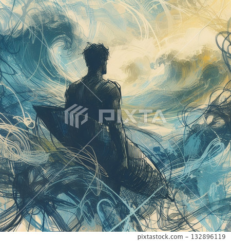 Dynamic Abstract Illustration of a Surfer Riding Powerful Ocean Waves in Artistic Motion with Generative AI. 132896119