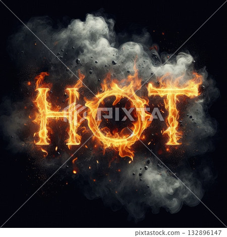 Blazing Typography: Fiery 'HOT' Text Erupting in fire flames with Generative AI. 132896147