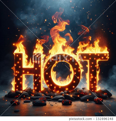 Blazing Typography: Fiery 'HOT' Text Erupting in fire flames with Generative AI. 132896148