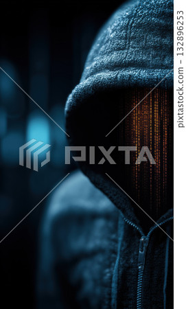 Hooded figure with digital code face, mysterious atmosphere, cybersecurity threat, dark background, technology concept Hooded figure with digital code face, mysterious atmosphere, cybersecurity threat, dark background, technology concept 132896253