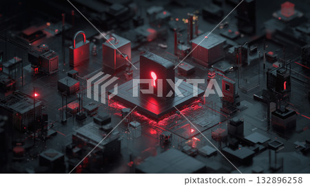 Cybersecurity 3d illustration with glowing red lock, digital circuit, futuristic technology, data protection, and secure network concept 132896258