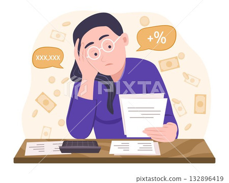 Worried Young Woman Stress Out with Debt for Financial and Bankruptcy Concept Illustration 132896419