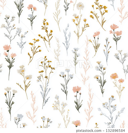 精緻的野花和植物手繪無縫圖案 精緻的野花和植物手繪無縫圖案 132896584