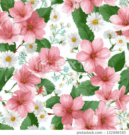 粉紅色和白色花朵組成的精美無縫圖案 132896585