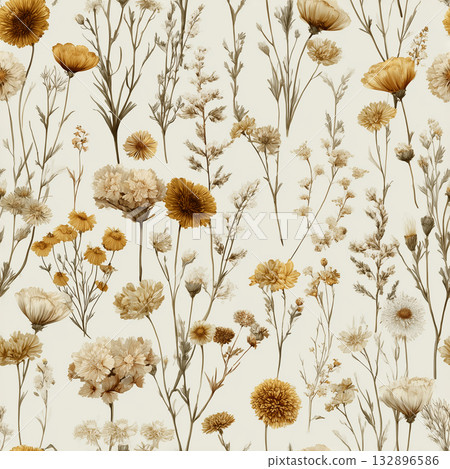 復古風格的秋季野花無縫圖案 復古風格的秋季野花無縫圖案 132896586