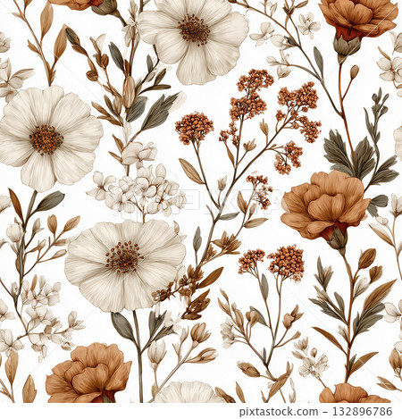 Antique sepia toned botanical seamless pattern of flowers and plants 132896786