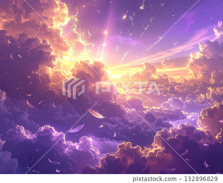 天空呈現出壯麗的紫色和金色積雨雲，神聖的光芒，以及翩翩起舞的羽毛。 132896829